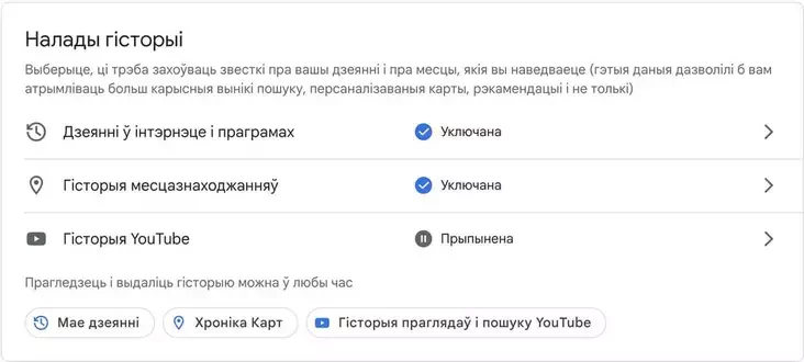 Punkt «Nałady historyi» naładaŭ Google