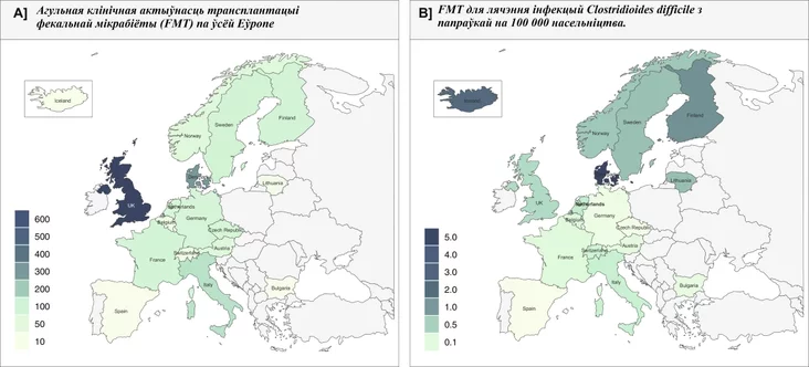 TObŝaja kliničieskaja aktivnosť transpłantacii fiekalnoj mikrobioty (TFM) v Jevropie i pri infiekcijach Clostridioides difficile s popravkoj na 100 000 nasielenija otal clinical activity of faecal microbiota transplantation (FMT) across Europe and for Clostridioides difficile infections adjusted to per 100,000 population Ahulnaja kliničnaja aktyŭnaść transpłantacyi fiekalnaj mikrabijoty (FMT) pa ŭsioj Jeŭropie i dla infiekcyj Clostridioides difficile z papraŭkaj na 100 000 nasielnictva.