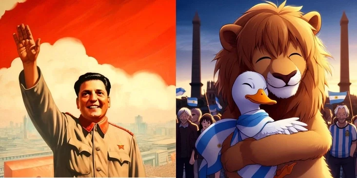 Sierchio Massa kak kommunističieskij lidier Kataja. Sprava — Majli v obrazie multiašnoho lva. Sergio Massa as the Communist leader of Cathay. On the right — Miley in the image of a cartoon lion. Sierchia Masa ŭ vobrazie katajskaha kamunistyčnaha lidara. Sprava — Milej u vobrazie multyplikacyjnaha ilva.