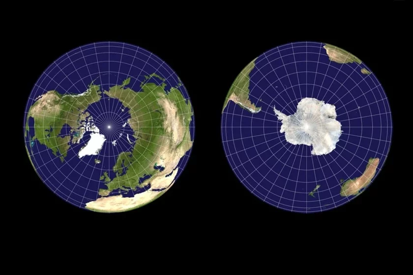 Suša i morie nieravnomierno raspriedieleny v sieviernom i južnom połušarijach. Land and sea are unevenly distributed in the northern and southern hemispheres Suša i mora nieraŭnamierna raźmierkavanyja ŭ paŭnočnym i paŭdniovym paŭšarjach